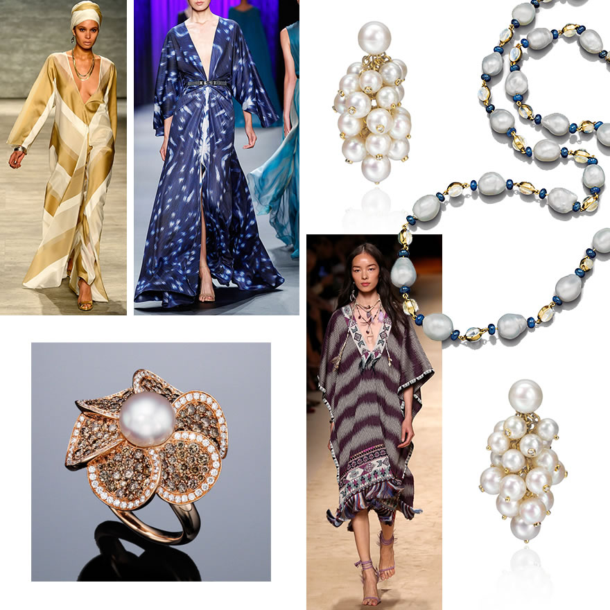 Clockwise from Upper Left: Georgine; Oday Shakar; Assael Cascade Earrings; Moonstone, Sapphire, and South Sea Pearl Necklace by Assael; Etro; Assael Flora Collection Ring.