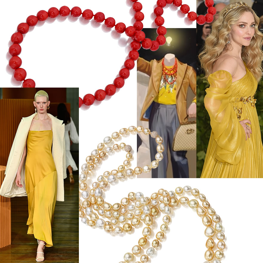 Clockwise from Upper Left: Assael Natural Sardinian Coral 33” Necklace; Gucci S/S18; Amanda Seyfried at The Met Gala in Prada; Golden Keshi Pearl Necklace Coming Soon to Assael.com; C/Meo Collective 2018.