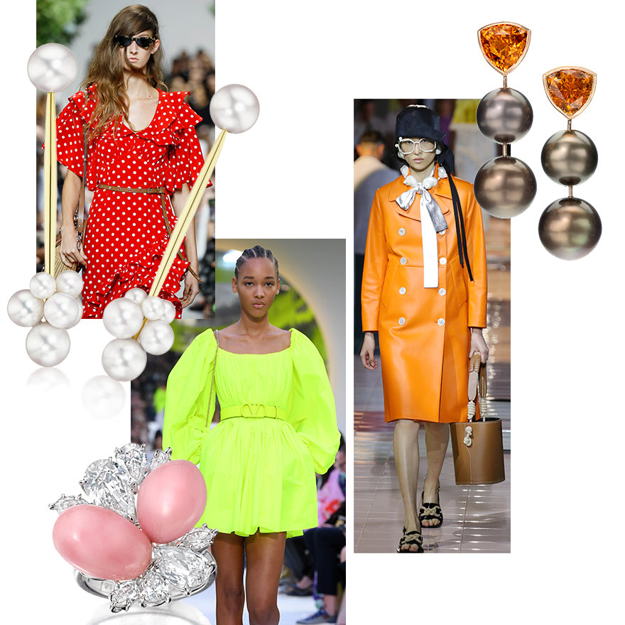 Clockwise from Upper Left – Akoya Pearl Linear Bubble Earrings by Sean Gilson for Assael, Michael Kors polka dots for Spring 2020, Prada colorful leather S/S 2020, Assael Tahitian and Fiji Pearl Earrings with Mandarin Garnet, Valentino S/S 2020, Assael Natural Conch Pearl and Diamond Ring
