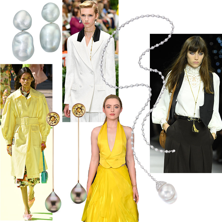 Clockwise from Upper Left – Assael Magnificent South Sea Baroque Pearl Earrings, Tory Burch white suiting with pearl drop earrings, Assael South Sea Pearl and Diamond Lariat Necklace, Celine waistcoat with lariat, Kathryn Newton in Ralph Lauren at the 71st Emmy Awards, Assael Tahitian Pearl and Bicolor Tourmaline Long Drop Earrings, MSGM Milan S/S 2020 Trenchcoat