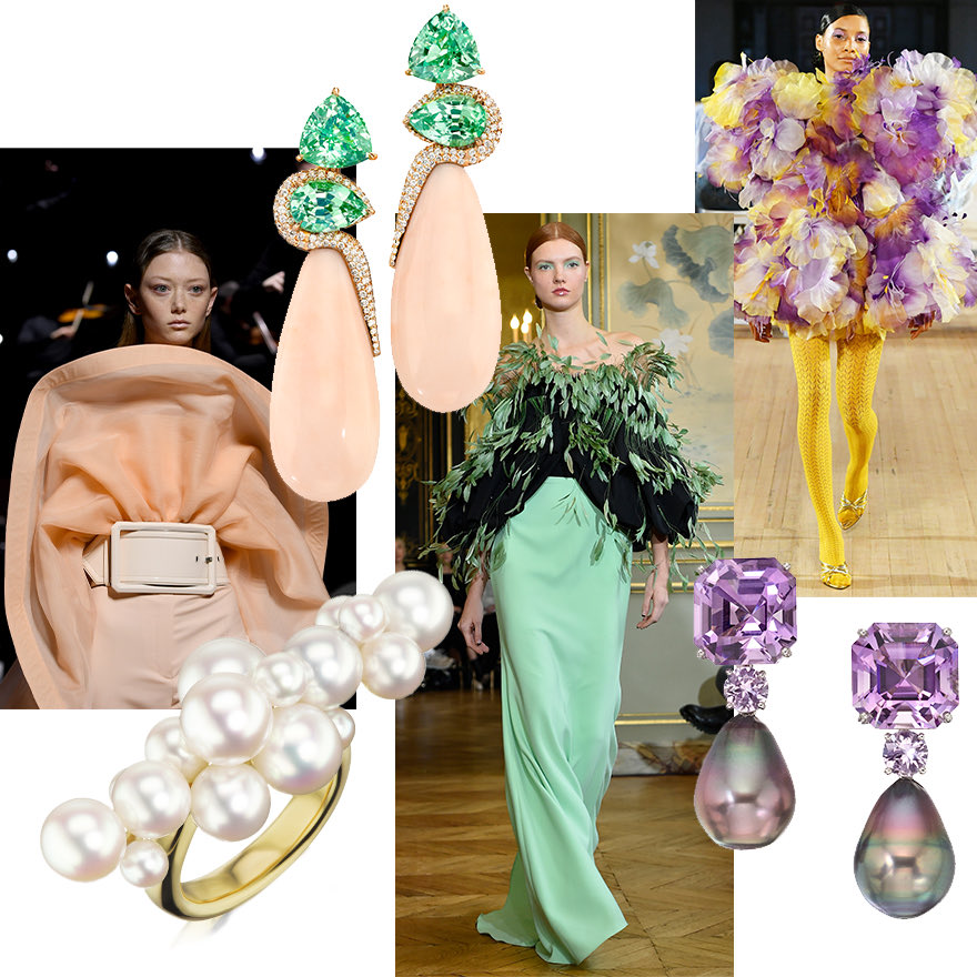 Clockwise from Upper Left – Givenchy S/S 2020, Assael Angel Skin Coral, Diamond and Green Garnet Earrings, Christian Soriano S/S 2020 feathers, Marc Jacobs Spring 2020, Assael Tahitian Pearl and Rose de France Amethyst Drop Earrings, Akoya Pearl Linear Bubble Ring by Sean Gilson for Assael