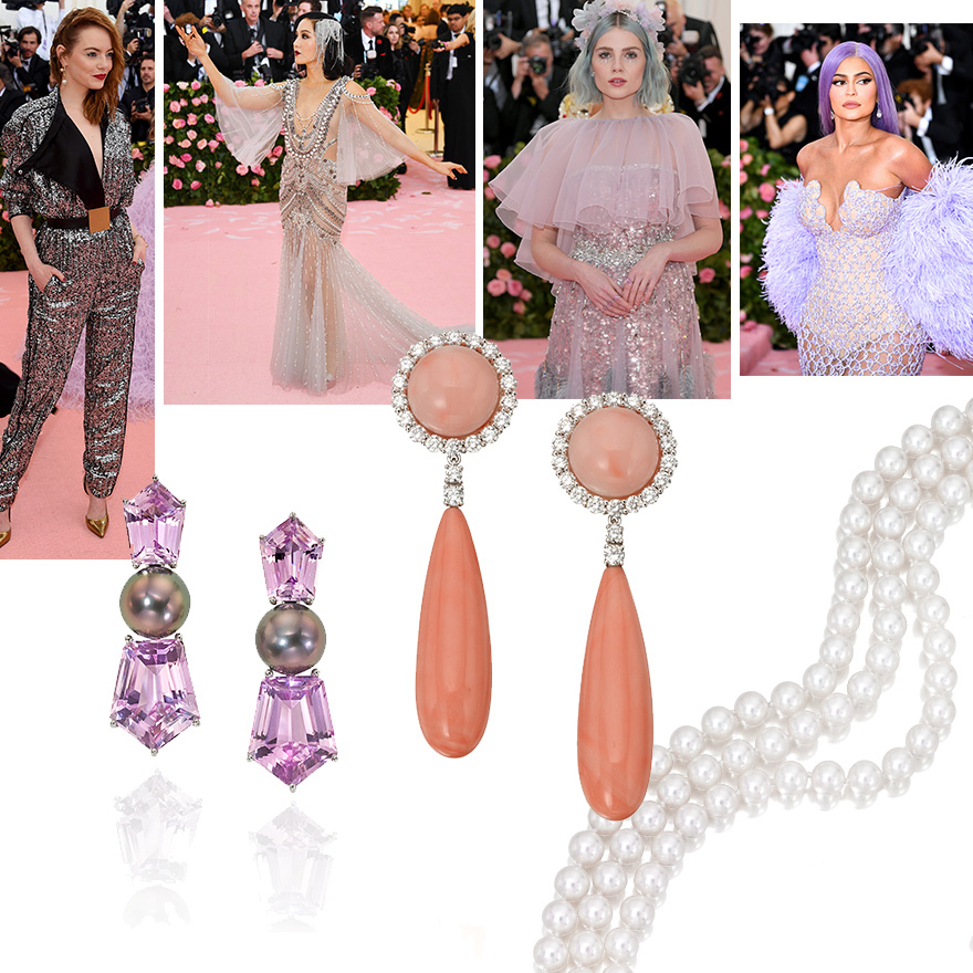 Clockwise from Left – Emma Stone, Constance Wu, Lucy Boynton, Kylie Jenner, Assael Three Row Akoya Pearl Necklace, Assael Angel Skin Coral Drop Earrings with Diamond Accents, Assael Tahitian Pearl Earrings with Amethyst
