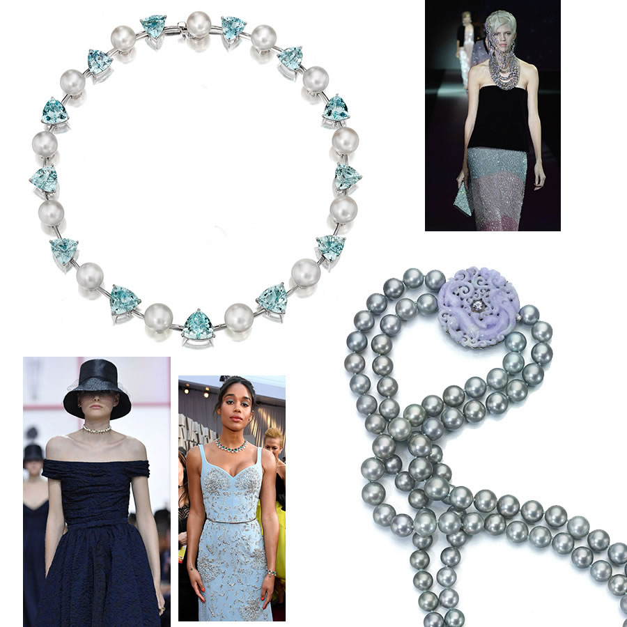 Clockwise from Top Left: Assael South Sea Pearl and Aquamarine Necklace. Giorgio Armani, One Night Only, NYC. Assael Tahitian Pearl and Lavender Jadeite Necklace. Laura Harrier at the 2019 Academy Awards. Christian Dior F/W’19.