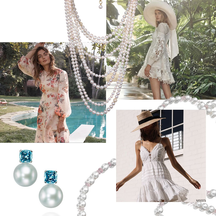 Assael South Sea Pearl and Aquamarine Drop Earrings, 7-Row Akoya Pearl Necklace, South Sea Baroque Pearl and Morganite Rope Necklace. Runway: Zimmermann.