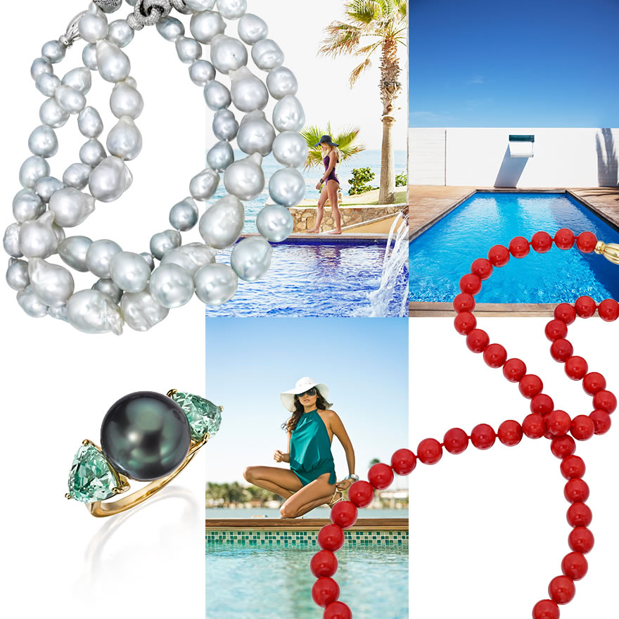 Assael Baroque Pearl Necklaces, Assael Tahitian Pearl and Green Garnet Ring, Sardinian Coral Rope Necklace. 