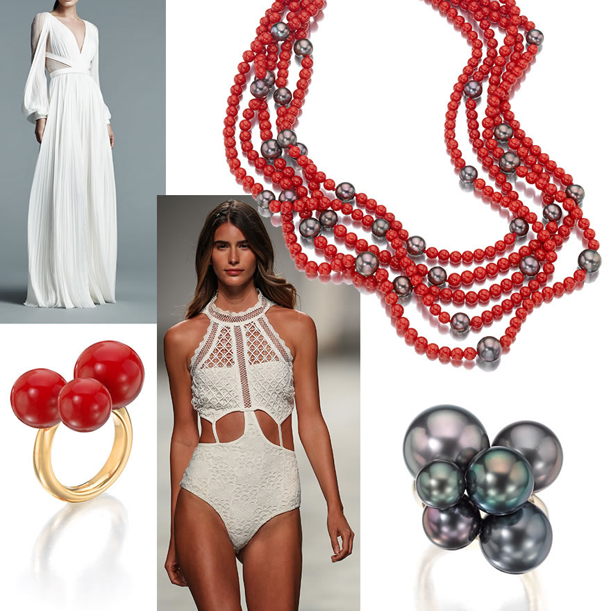 Clockwise from Upper Left:  J. Mendel, 2018, Photo Courtesy of modaoperandi.com;  Assael Five-Row Tahitian Pearl and Sardinian Coral Necklace (Kellee, please note: Alison says to link to here: https://www.neimanmarcus.com/Assael-18k-Five-Row-Pearl-Sardinian-Coral-Necklace/prod209290014/p.prod);  Six-Pearl Tahitian Pearl Bubble Ring by Sean Gilson for Assael;  Angel Skin Coral 42” Necklace by Assael;  ModaLisboa Fashion Week, 2017; Sardinian Coral Bubble Ring by Sean Gilson for Assael.