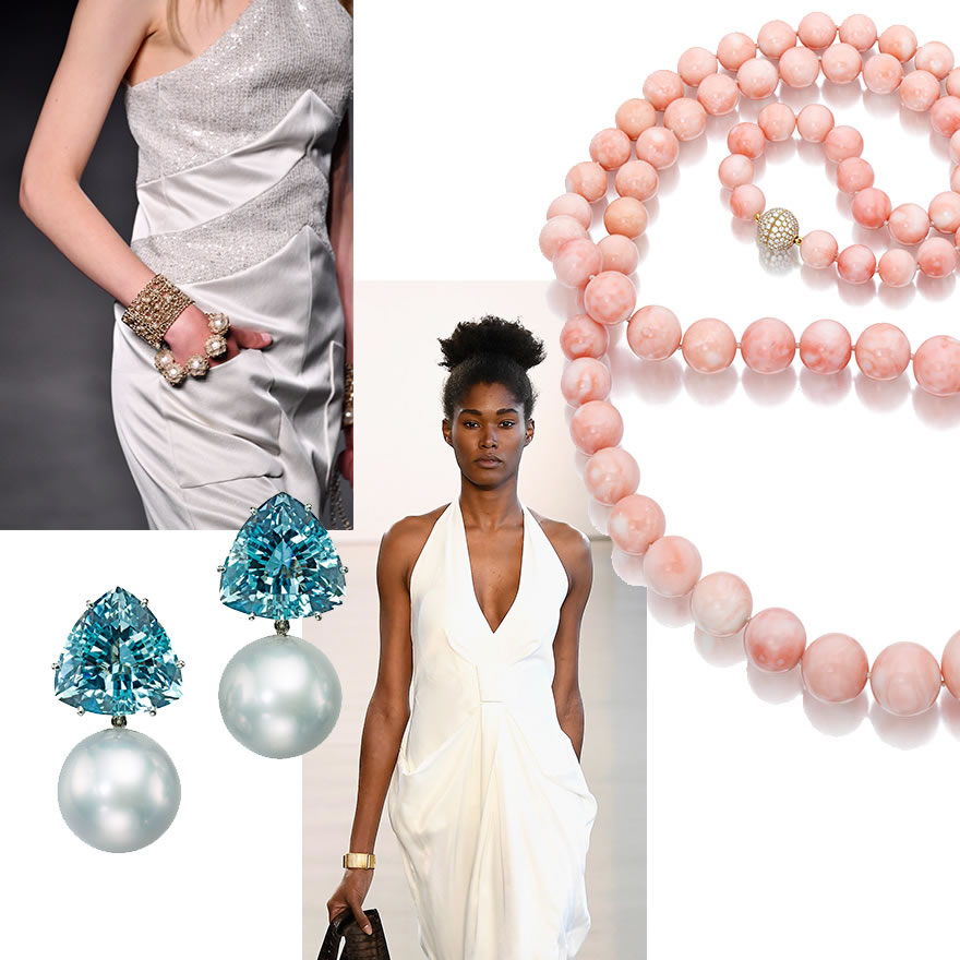 Clockwise from Upper Left: Chanel Cruise 2018/19; Assael Angel Skin Coral 42” Necklace; Ralph Lauren, 2018; Assael South Sea Pearl and Aquamarine Earrings.