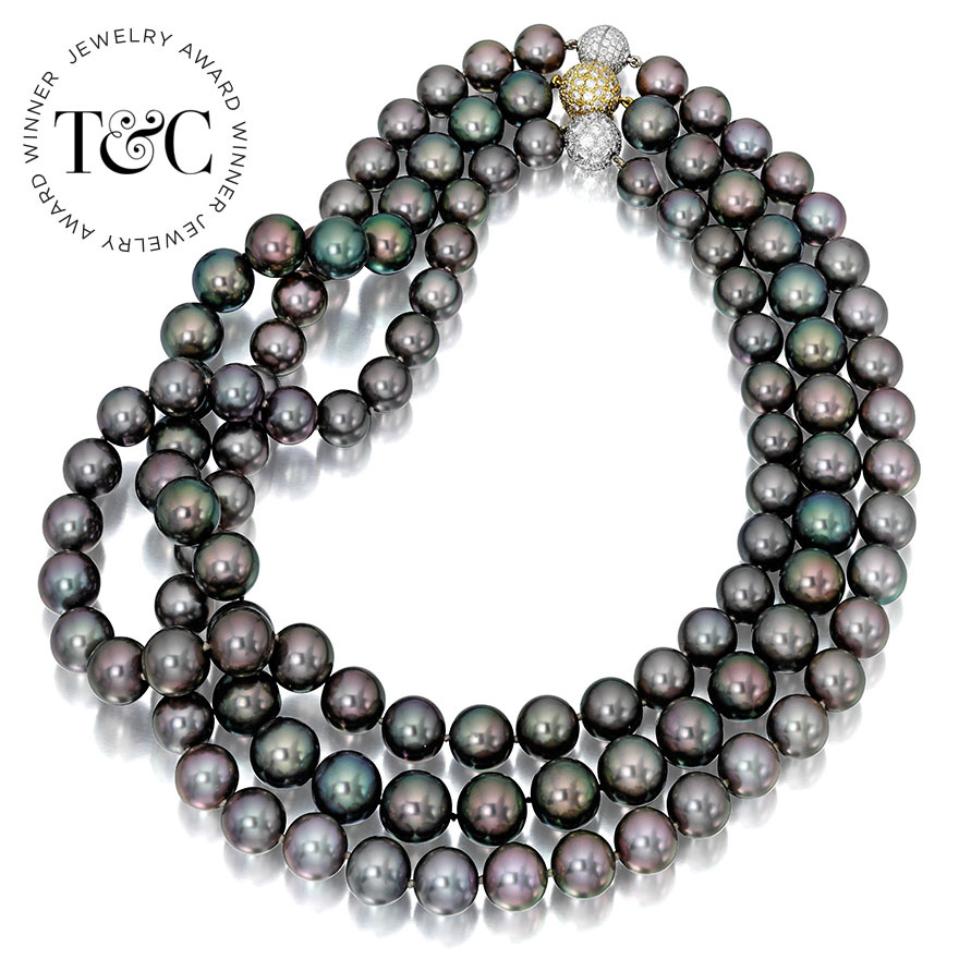 Award-winning Tahitian Pearl Multi-Strand Necklace from the new museum worthy Tahitian Pearl Collection that is being honored with an inaugural Town & Country Jewelry Award.
