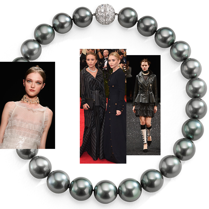 Assael choker length large Tahitian pearl necklace with diamond clasp, Left to Right: FRA fashion show, Mary Kate & Ashley Olsen Costume Institute Met Gala NYC, Marc Cain runway F/W2017-18