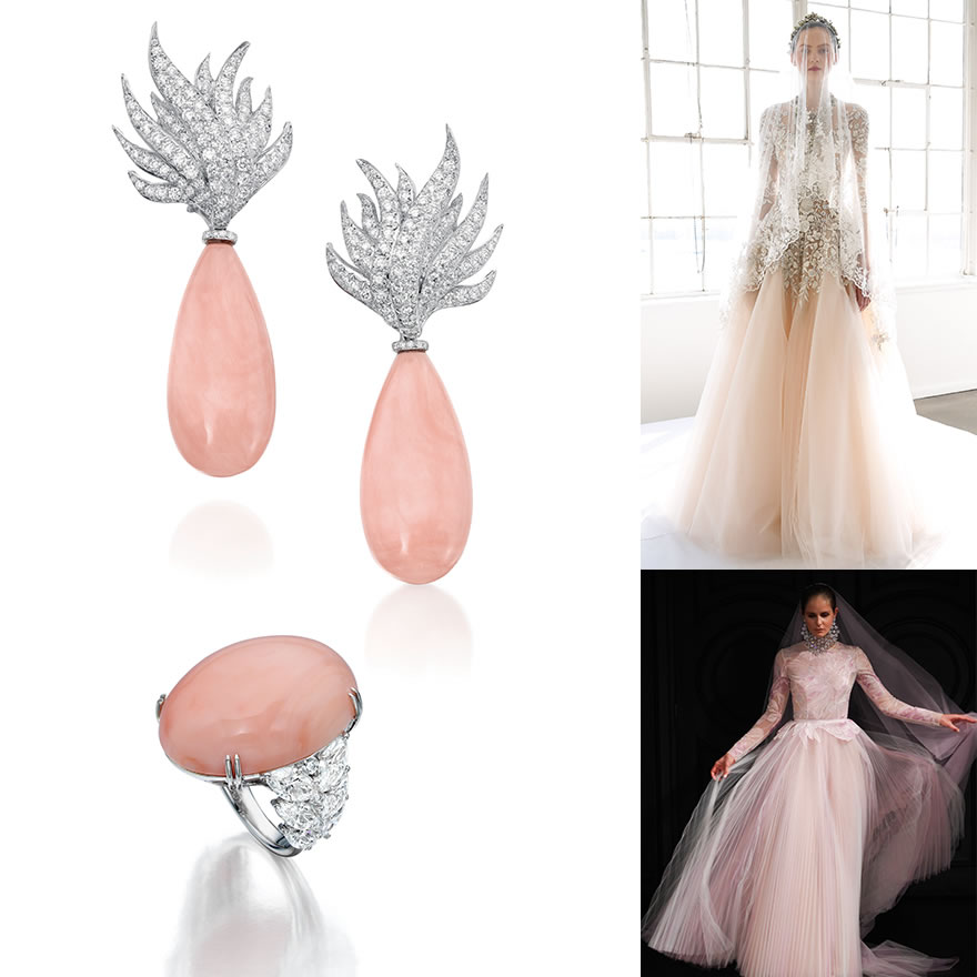 Beyond Rare Angel Skin coral ring and earrings from Assael set with 18K white gold and diamonds, top right: Marchesa Bridal, bottom right: Naeem Khan Bridal