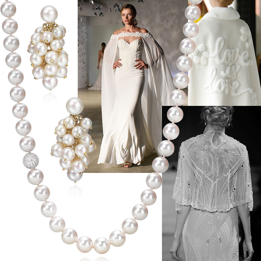 Assael Essentials Akoya Pearl Strand and Cascade cluser Earrings, center - Justin Alexander Bridal, top right - Kenra Professional for Lela Rose Bridal,  bottom right - Alon Livné White Bridal