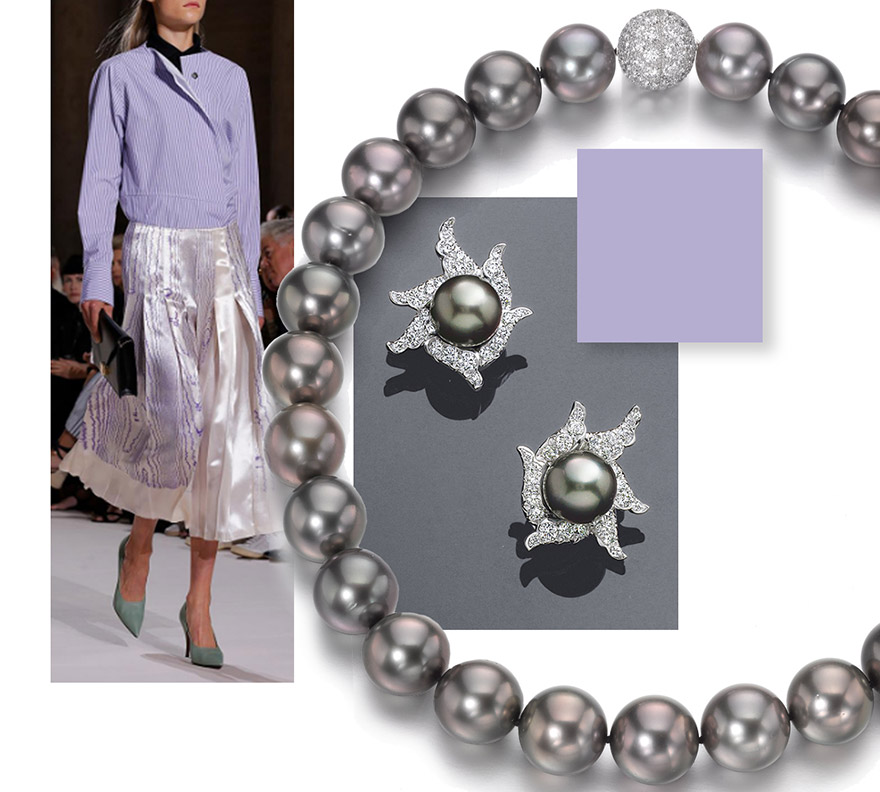 Lavendar is having a moment in Spring 2018 fashions.  Here, Obsessed by Pearls presents ideas of ways to wear pearls with what's trending