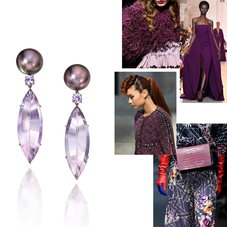 Tonal Hues and Textures, Colour in fine jewellery accentuates today's fashion trends: Assael Tahitian Pearl Amethyst and Lavender Spinel Earrings, New GEN by IMA MBFW Istanbul Sept ‘18, Elie Saab FW ‘19, David Tomaszewski MBFW Berlin ‘18, Chanel Paris FW ‘19