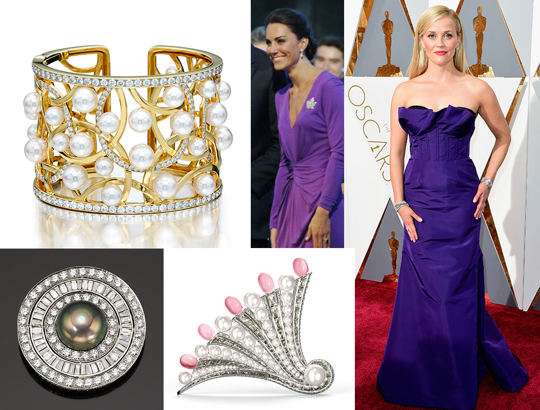 (Clockwise) Akoya Pearl and Diamond “Circles” Cuff Bracelet by Assael; The Duchess of Cambridge: Reese Witherspoon at the 88th Academy Awards; Assael Conch Fan Brooch; Classic Diamond and Tahitian Pearl Brooch by Assael.