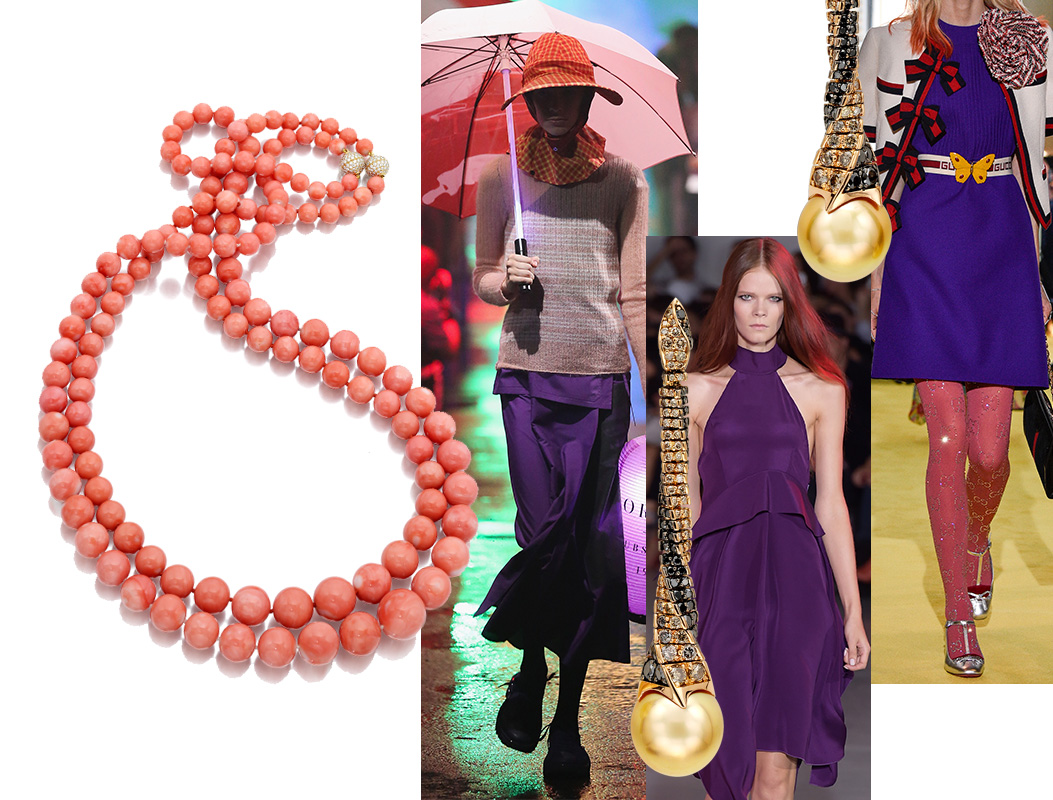 (Left to Right) Beyond Rare: Assael Angel Skin Coral Necklaces; A model walks the Raf Simons runway at New York Fashion Week, July 2017; Reho Concepts for Assael Golden South Sea Pearl Drop Earrings; Costume National Spring/Summer 2015 Collection at Milan Fashion Week; Purple reigns on the Gucci Cruise 2018 runway in Florence, May 2017.