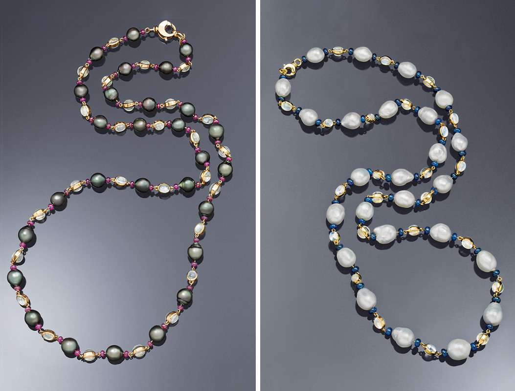Red + Blue = Purple. (Left) Moonstone, Ruby and Tahitian Pearl Necklace (Right) Moonstone, Sapphire and Akoya Pearl Necklace. Two colorful and luxurious ropes from the Contemporary Collection by Assael.