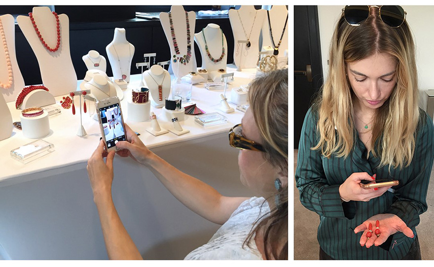 Ashley Davis of National Jeweler and Amy Elliott of JCK (Jewelers Circular Keystone) both fell in love with Assael’s brand new Sardinian coral and diamond drop earrings. 