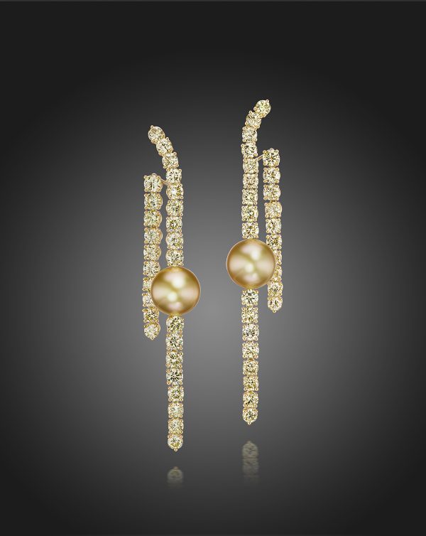 Fancy Yellow Diamond and Golden South Sea Pearl Earrings