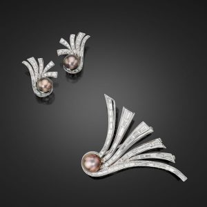 Classic Tahitian Pearl And Diamond “Fanfare” Earrings And Brooch