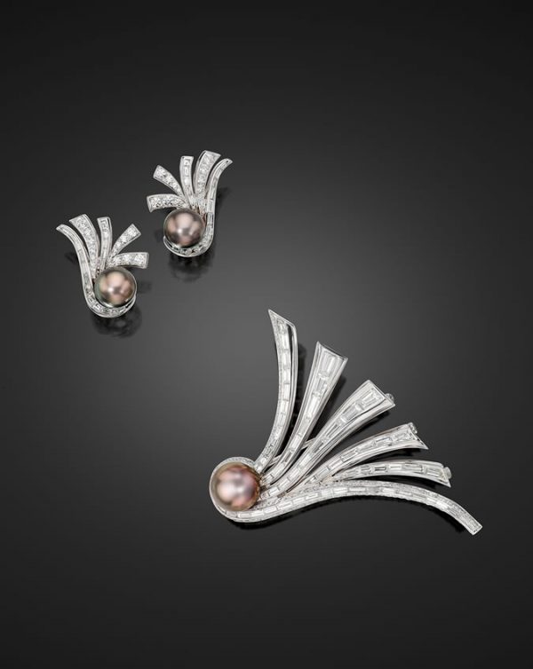 Classic Tahitian Pearl And Diamond “Fanfare” Earrings And Brooch