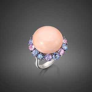 RC-SPIN001 Angel Skin Button Coral Ring, 19.0mm set in Platinum with 14 Multi-Lavender Spinel, 5.91cts.