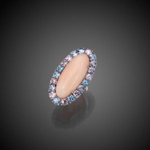 OVAL ANGEL SKIN CORAL AND SPINEL COCKTAIL RING