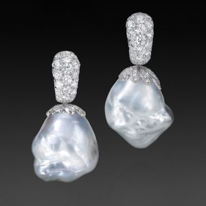 Drop Earrings. Huge White South Sea Baroque Pearl 18K G.P