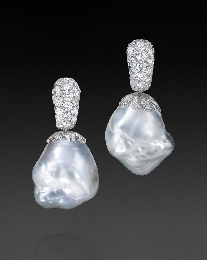 Classic South Sea Baroque Pearl Drop Earrings With Pave Diamonds Assael