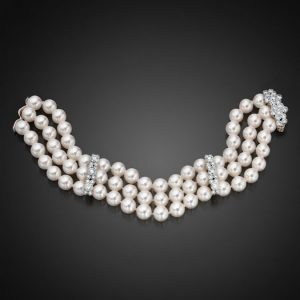 Three-Row Akoya Pearl Bracelet with Diamonds