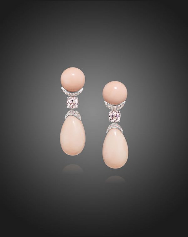 Showing Angel Skin Coral, Diamond And Pink Tourmaline Drop Earrings