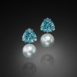 South Sea Pearl and Trillion Aquamarine Earrings