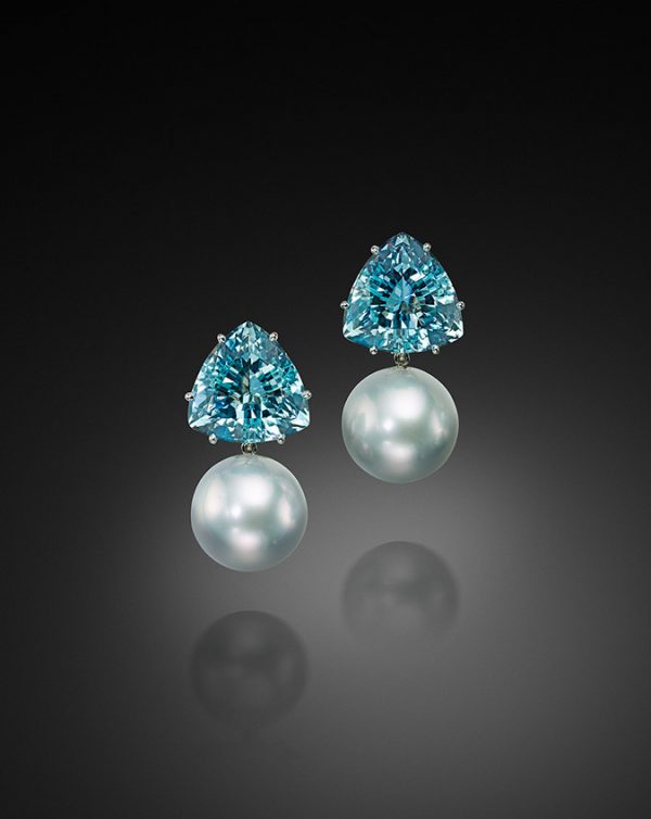 South Sea Pearl and Trillion Aquamarine Earrings