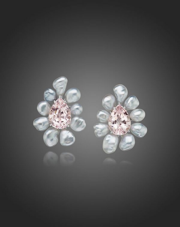 Keshi Pearl and Morganite Flower Earrings