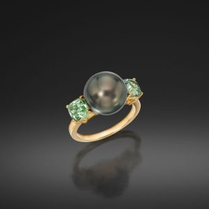 Tahitian Pearl and Barion Cut Green Garnet Ring