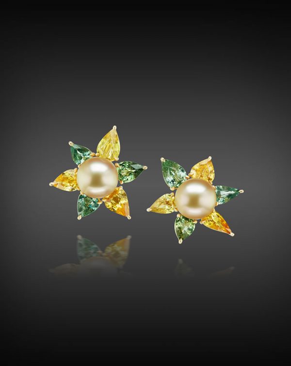 Golden South Sea Pearl, Green & Gold Sapphire Petal Earrings