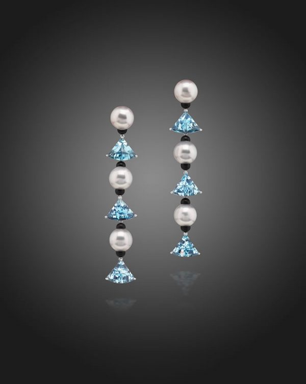 South Sea Pearl, Aquamarine Fan Drop Earrings