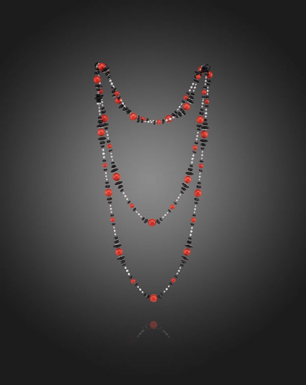 Sardinian Coral, Black Onyx And Diamond Chain Necklace