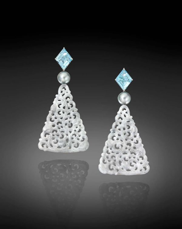Pearl, Aquamarine, And Gray Jadeite Triangle Earrings