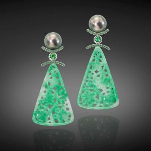 Pearl, Green Jadeite, Tsavorite Earrings