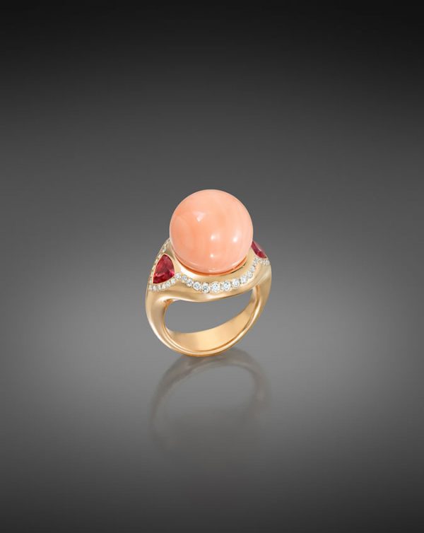 Angel Skin Coral, Red Spinel And Diamond Cocktail Ring