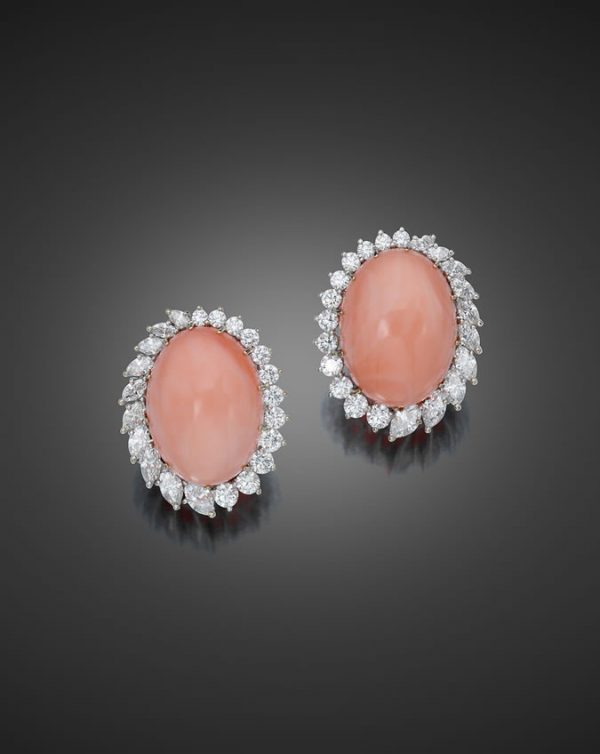 Gem Angel Skin Coral And Diamond Oval Earrings