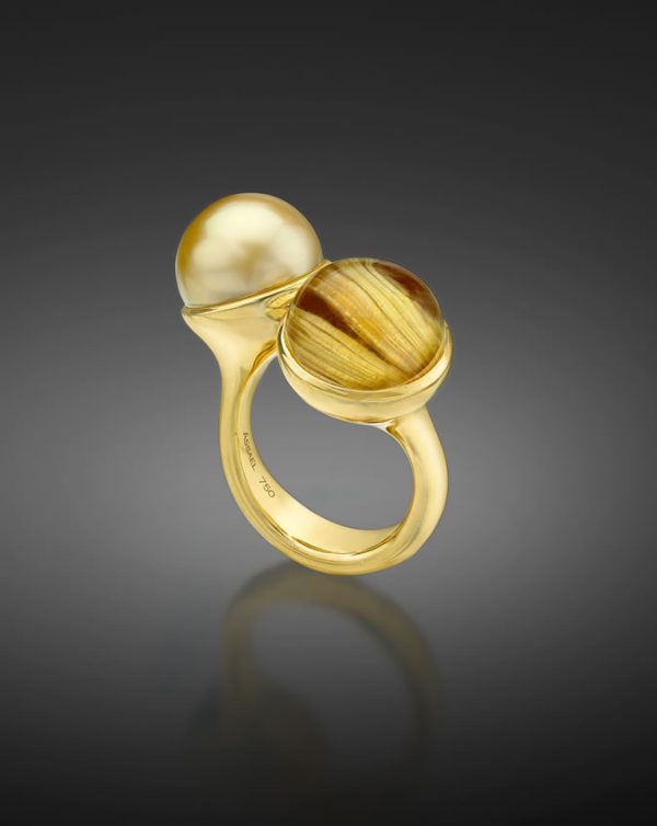 Golden South Sea Pearl And Rutilated Quartz Ring