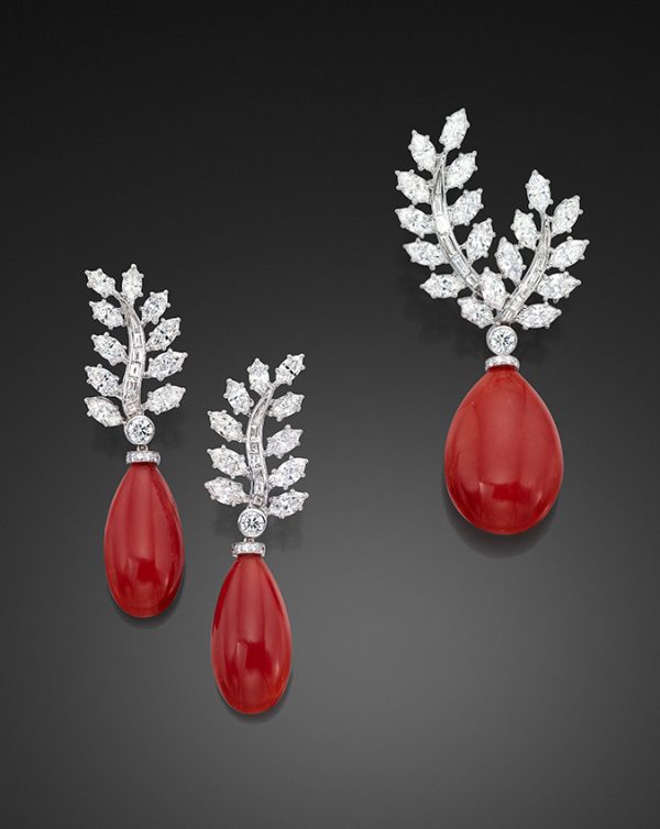 Sardinian Coral and Diamond Leaf Earrings and Pendant/Brooch