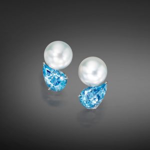 South Sea Pearl, Aquamarine Paisley Earrings