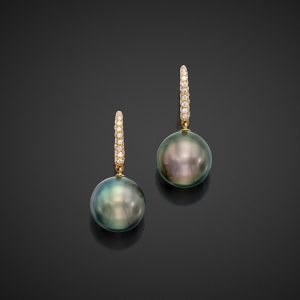 Round Tahitian Pearl and Diamond Earrings