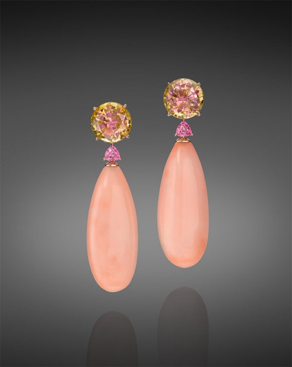 Angel Skin Coral Drop Earrings with Bicolor Tourmaline and Spinel