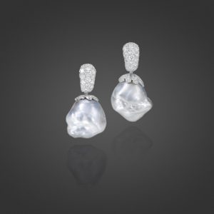Classic South Sea Baroque Pearl Drop Earrings with Pave Diamonds
