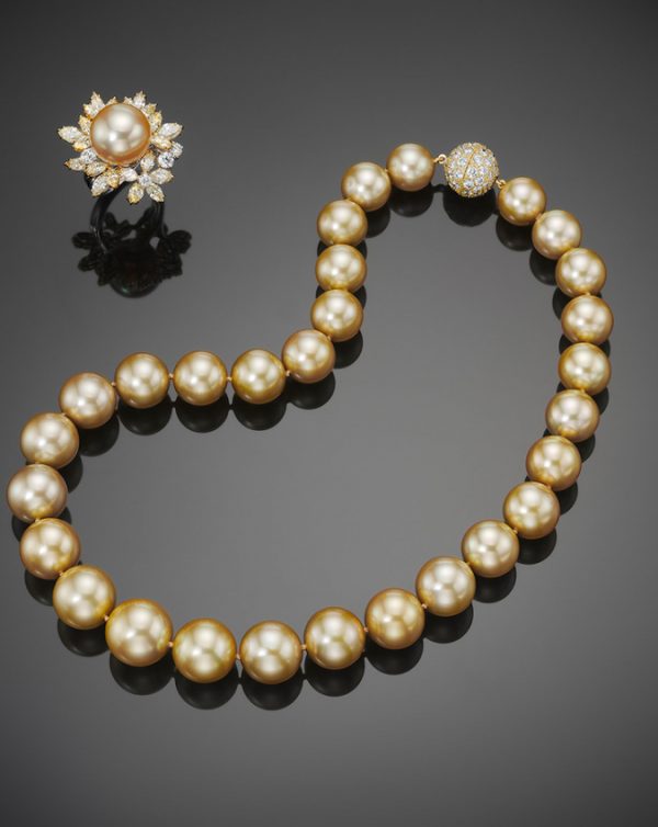 Classic Golden South Sea Pearl Necklace and Ring