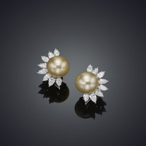 Classic Golden South Sea Pearl Diamond Fan Earrings