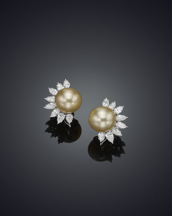 Classic Golden South Sea Pearl Diamond Fan Earrings